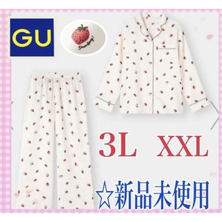 GU - 【XXLサイズ3L】◆新品未使用◆イチゴ柄◆ホワイト☆GU サテンパジャマ☆長袖
