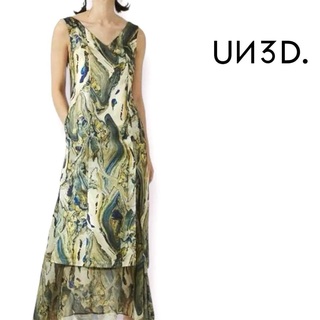 【美品】UN3D 総柄 アートドレス ロングワンピース ノースリーブ