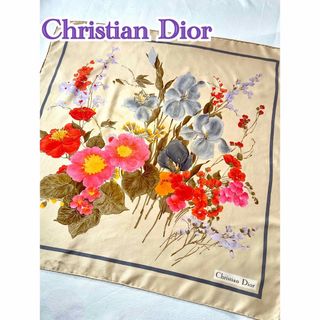 Dior - Christian Dior シルク感　大判スカーフ　ベージュ地にフラワー