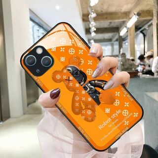 新カラー　iPhone15 14　携帯ケース　強化ガラス　高級感クマ　オレンジ(iPhoneケース)
