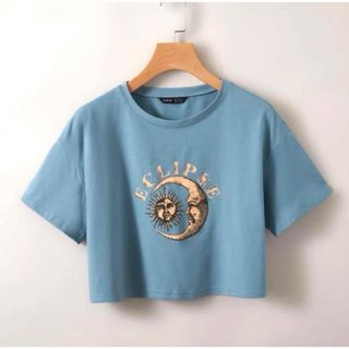 Tシャツ トップス レディース ブルー 水色 プリント クロップド 半袖(Tシャツ(半袖/袖なし))