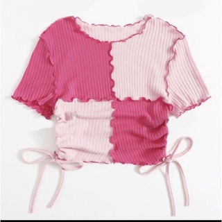Tシャツ トップス レディース ピンク クロップド丈 リボン 半袖 韓国 新品(Tシャツ(半袖/袖なし))
