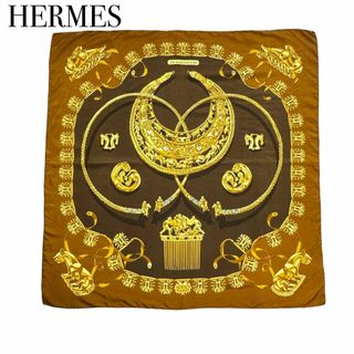 エルメス(Hermes)のエルメス カレ90 シルク100% 大判 スカーフ ストール ブラウン ゴールド(バンダナ/スカーフ)