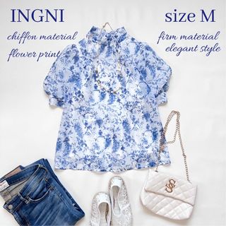 ◆極美品◆INGNI◆シフォン花柄半袖ブラウス◆白×青ブルー◆ボリューム袖◆M