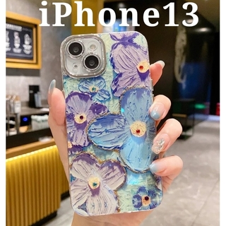 花柄 ブルーレイ  iPhone13 ケース カメラレンズ保護 レディース(ニット/セーター)