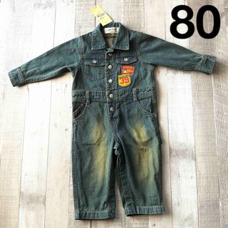 ● JEANS STORY デニム つなぎ ロンパース USED加工 80 ●(ロンパース)