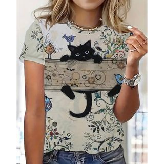 猫柄　半袖Tシャツ　黒猫(Tシャツ(半袖/袖なし))