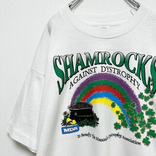 90s ビンテージ古着　メンズ　ホワイトプリント　半袖tシャツ　XLサイズ　白(Tシャツ/カットソー(半袖/袖なし))