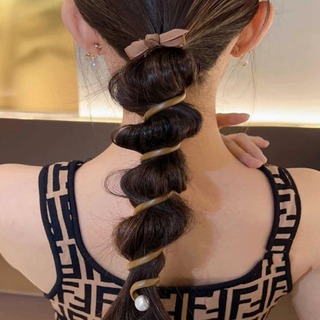 レディース　シュシュ　ヘアゴム　ロープ　キャメル　茶色　パール　韓国　髪飾り(ヘアゴム/シュシュ)