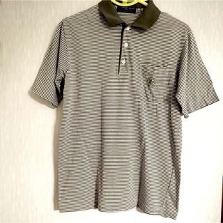 匿名配送　ホワイト×カーキ　ボーダー衿つきTシャツ　綿ポリ混紡　M(Tシャツ/カットソー(半袖/袖なし))