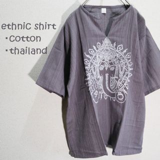 【新品】アジアンコットンシャツ　ガネーシャの顔　凹凸生地　薄紫系(Tシャツ/カットソー(半袖/袖なし))