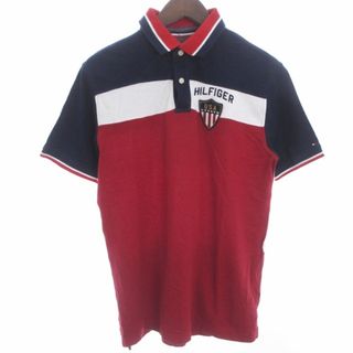 トミーヒルフィガー(TOMMY HILFIGER)のトミーヒルフィガー ポロシャツ 半袖 ロゴ ワッペン 星条旗 赤 紺 白 XL(ポロシャツ)