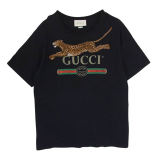 Gucci - GUCCI グッチ  18SS 493117 X9X96 レオパード ヴィンテージロゴ プリント エンブロイダリー 刺繍 半袖 Tシャツ ブラック系 XL【中古】