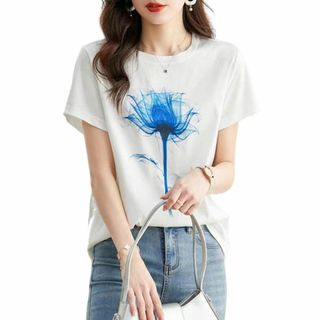 [UQQA] 爽やか Tシャツ レディース カットソー 花柄 プリント 半袖 丸(その他)