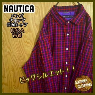 ノーティカ(NAUTICA)のノーティカ チェック USA古着 90s ボタンダウン 長袖 シャツ 赤 ピンク(シャツ)