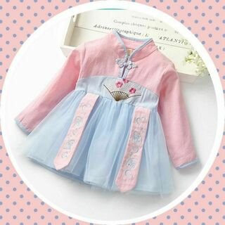 韓国子供服　チャイナ　扇子　刺繍オーガンジー♡ワンピース♡淡ピンク×薄水色(ワンピース)