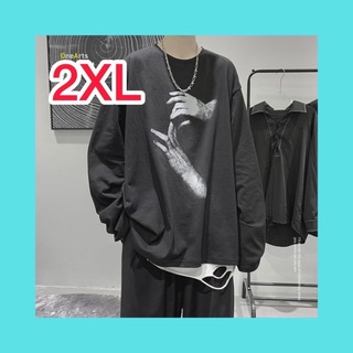 ブラック　黒　長袖　Tシャツ　ロンT　メンズ　韓国　2XL(Tシャツ/カットソー(七分/長袖))