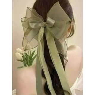 レイヤー　リボン　グリーン　バレッタ　髪飾り　韓国　シフォン　ヘアーアクセ　(バレッタ/ヘアクリップ)