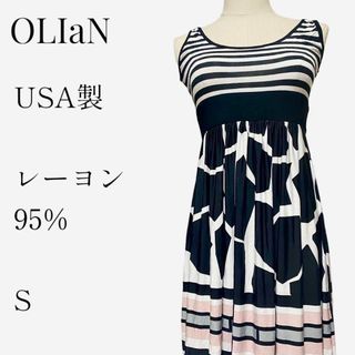 【大人気◎】OLIaN 総柄プリントワンピース ドレス S ブラック レーヨン(ひざ丈ワンピース)