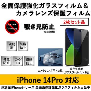 iPhone14Pro覗き見防止全面保護フィルム&カメラ用透明フィルムセット2式