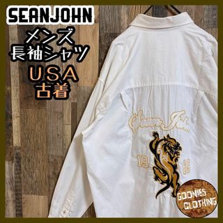 Sean John - ショーンジョン 刺繍 ワッペン 特攻服 長袖 シャツ 喧嘩上等 USA古着 白