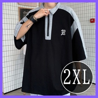 【最安値】ポロシャツ　スウェット　メンズ　２ＸＬ　半袖　オーバーサイズ　黒(Tシャツ/カットソー(七分/長袖))