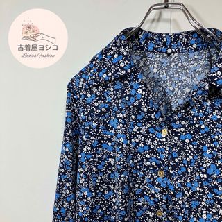 【ヴィンテージ　花柄デザイン　レトロボタン　開襟　ニット　長袖シャツ　古着】(シャツ/ブラウス(長袖/七分))