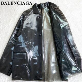 バレンシアガ(Balenciaga)の【美品】バレンシアガ ビニール コート ジャケット ブルゾン ストライプ 黒(ナイロンジャケット)