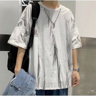 【残りわずか】Tシャツ　ホワイト　トレンド　韓国　オシャレ　ゆったり　XL　柄(シャツ)