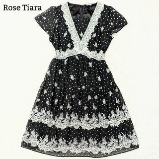 Rose Tiara - 極美品 ローズティアラ ロングワンピース ティアード 刺繍 花 ドット LL 黒