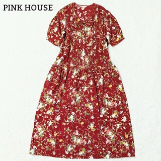 PINK HOUSE - 極美品 ピンクハウス マキシ丈ワンピース ピンタック リボン 花柄 F 赤