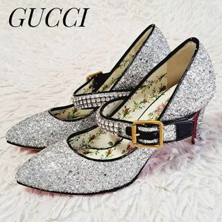 グッチ(Gucci)のグッチ 未使用級✨ラインストーンビジュー ベルト付 グリッターパンプス 34.5(ハイヒール/パンプス)