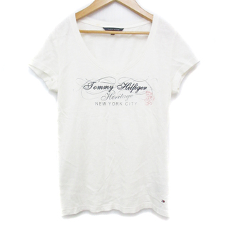 TOMMY HILFIGER - トミーヒルフィガー Tシャツ カットソー 半袖 Vネック ロゴ刺繡 S 白 黒