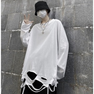 【数量限定】メンズ　L　ホワイト　ダメージ加工　ストリート　韓国　オーバーサイズ(Tシャツ/カットソー(七分/長袖))
