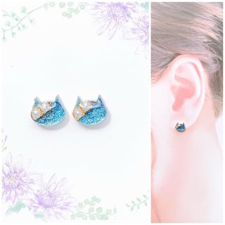 jelパールブルー8mm猫ピアス/イヤリング(ピアス)