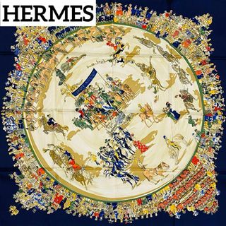 エルメス(Hermes)の美品 ★HERMES★ スカーフ カレ90 モリエサーカス シルク ネイビー(バンダナ/スカーフ)