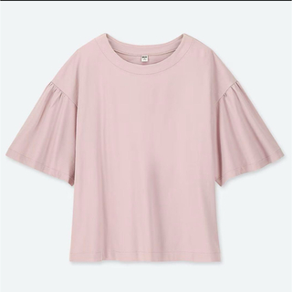 ユニクロ(UNIQLO)の新品タグ付●ユニクロ　マーセライズコットンギャザースリーブ　5分袖　XL ピンク(Tシャツ(半袖/袖なし))