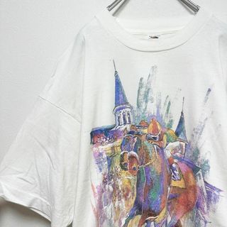 90s ビンテージ古着　ケンタッキーダービー　競馬　半袖tシャツ　白 XL(Tシャツ/カットソー(半袖/袖なし))