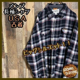 USA古着 チェック 長袖 シャツ ブラック グレー ホワイト メンズ XL(シャツ)