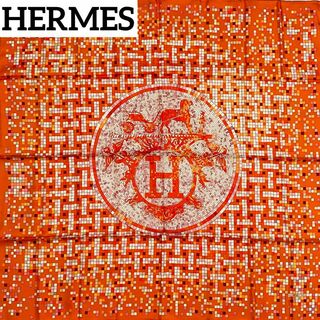 エルメス(Hermes)の極美品 ★HERMES★ スカーフ カレ90 モザイク24 シルク オレンジ 箱(バンダナ/スカーフ)