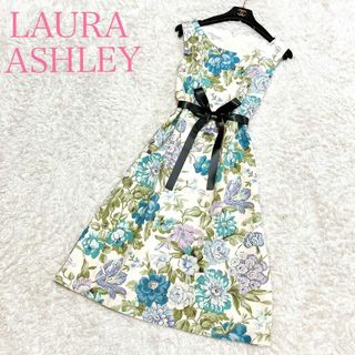 LAURA ASHLEY - 美品 ローラアシュレイ ワンピース ひざ丈 麻 リネン 花柄 総柄 13号