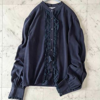 マックスマーラ(Max Mara)のマックスマーラ シルク100％フリルブラウス ネイビー 絹 長袖シャツ(シャツ/ブラウス(長袖/七分))