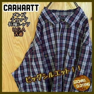 カーハート(carhartt)のカーハート チェック メンズ USA古着 90s ボタンダウン長袖 シャツ 紺(シャツ)