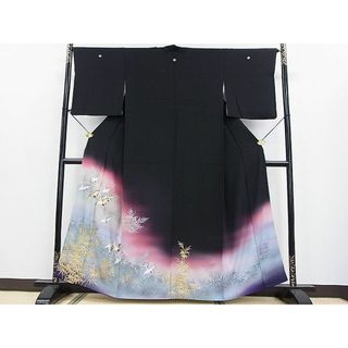 平和屋2■豪華黒留袖　飛鶴草葉文　暈し染め　金銀彩　逸品　DAAC6279fe(着物)