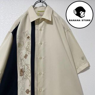 90's ラインシャツ 刺繍デザイン ホワイト ブラック バイカラー トランプ(Tシャツ/カットソー(半袖/袖なし))