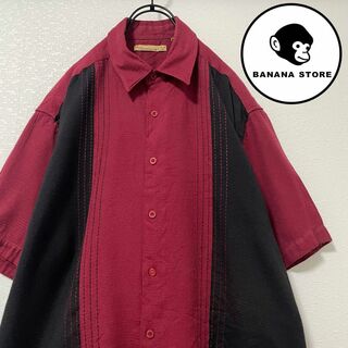 90's キューバシャツ ラインシャツ ワインレッド ブラック バイカラー(Tシャツ/カットソー(半袖/袖なし))
