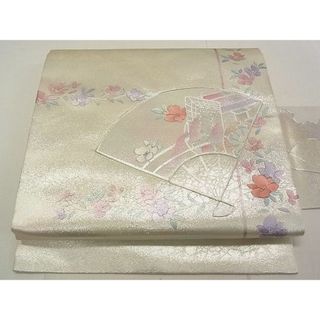 平和屋2◎九寸名古屋帯　駒刺繍　扇面御所車花文　銀彩　逸品　DAAB1591jm(帯)