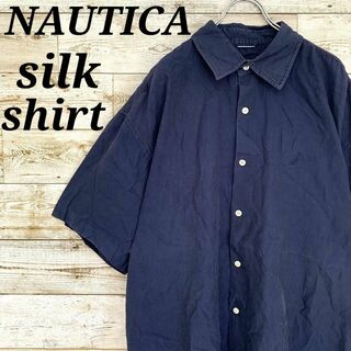 NAUTICA - 【w465】USA古着ノーティカ刺繍ロゴ半袖シルクシャツアロハハワイアンキューバ