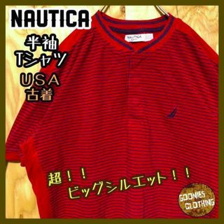 赤 ボーダー ノーティカ USA古着 90s 半袖 ヘンリーネック Tシャツ(Tシャツ/カットソー(半袖/袖なし))