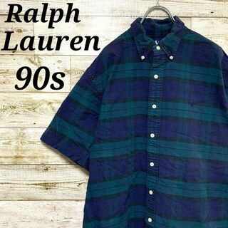Ralph Lauren - 【w473】USA古着ラルフローレン90s刺繍ロゴ半袖シャツチェック柄トップス